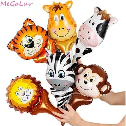6pcs Jungle Party Handheld Animal Head Foil Balloons Tiger Lion Inflatable Air Ballon Kid Toys Animals Birthday Party Supplies