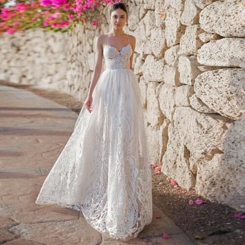 9626#Lace Tulle A Line Wedding Dresses Bohemian Sweetheart Spaghetti Straps Criss Cross Straps Bridao Gown with Applique
