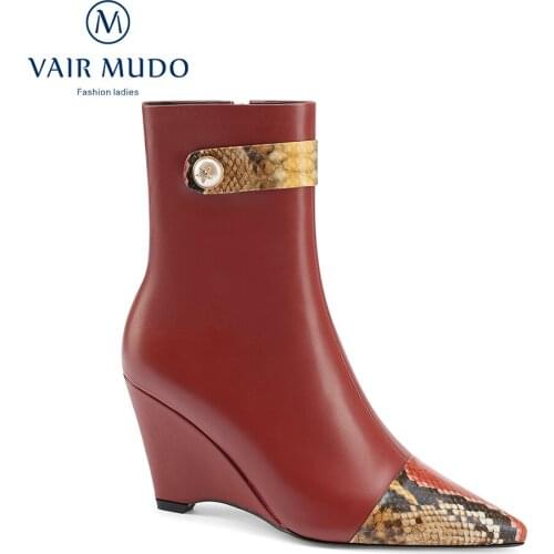 VAIR MUDO Ankle Boots Wedges Concise Mixed Colors Red Airpot Elegant Fashion Pointed Toe Boot Shoes Women Autumn WinterWM-X155-C
