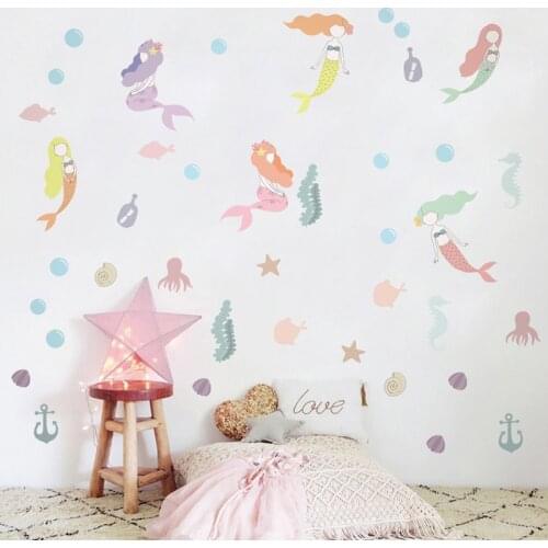 DIY Colorful Mermaid Wall Sticker Cute Marine Life Starfish Hippocampus Octopus Home Decor Kids Room Decal Anime Mural Art