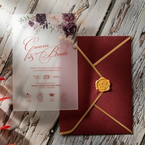 20pcs Elegance Frosted Acrylic Wedding Invitations Cards with Printed Flowers Matting Invites Card Menu Card, Customizable