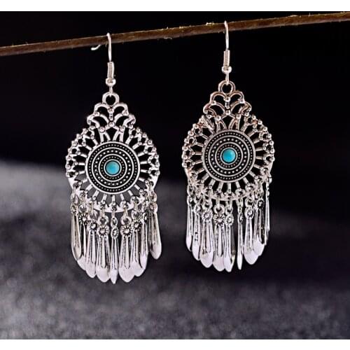 Ethnic Women Flower Dangle Earrings Jhumka Indian Earrings Vintage Drop Earring Tassel Palace Stone Beads Orecchini Donna