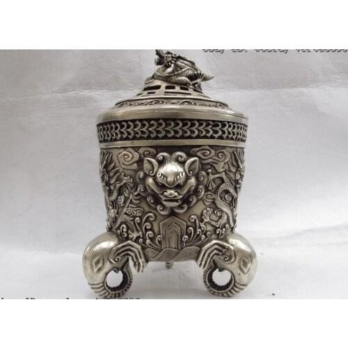 China Folk Temple White Copper Silver Dragon Lion Elephant Censer incense burner