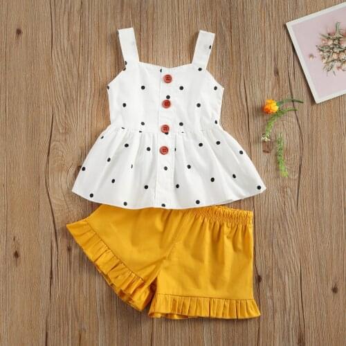 Summer Newborn Baby Girls 2-piece Outfit Set Sleeveless Polka Dot Button Ruffle Tops and Shorts Set for Kids Girls