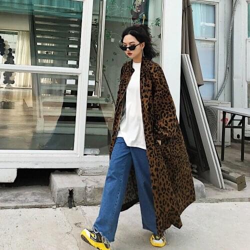 Jasmine Design Loose Large Edition Fashion Leopard-print Coat Womens BF Tools Wind Knee Long Overcoat jacket