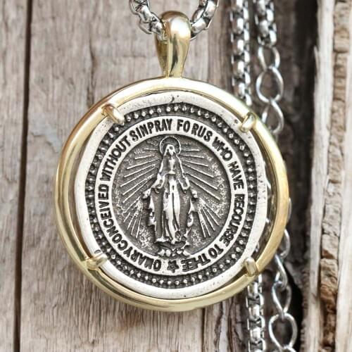 Mens Virgin Mary necklace Catholic Miraculous Medal Pendant Religious Jewellery Gift
