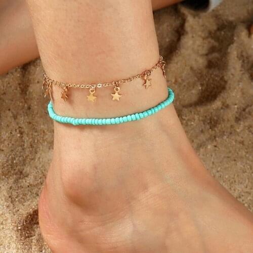 Wholesale 2PCS/SET Personality Rice Beads Punk Five-pointed Star Anklets for Women Summer Ocean Beach Jewelry 2021 New Gift