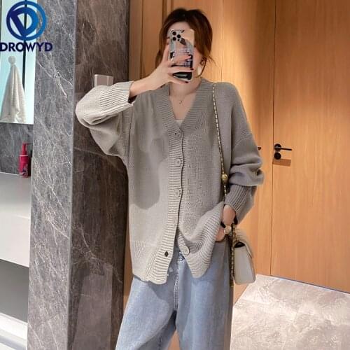 2021 Autumn and Winter New Single-breasted Loose Long-sleeved Cardigan Jacket Coat Knitted Sweater Women Gray V-neck Sweater Top