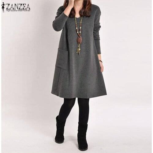 Zanzea 2021 Autumn Winter Women Long Sleeve Pocket Dress Solid O Neck Casual Loose Dresses Vestidos S