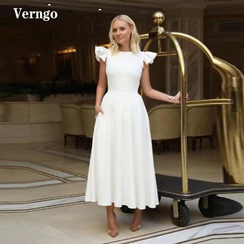 Verngo Simple A Line White Black Evening Dresses Modest Jewel Neck Cap Sleeves Tea Length Formal Party Gowns With Pockets Women