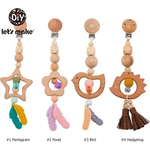 Lets Make 1PC Wood Clip Feather Cart Pendant Rattle Baby Toy Silicone Teether Wooden Bell Baby Care Childrens Toys For Kids