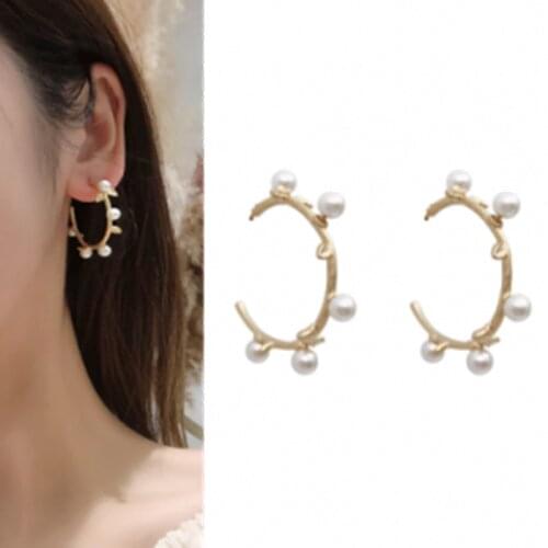 Korean Fashion, Personality, Simplicity, Twining Pearl Earrings, Earrings, Semi Arc Geometry, Metal Leaves, Earrings, Wholesale