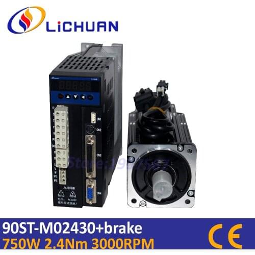0.75kw servo motor flange 90mm servo driver controller kit 2.4Nm 340oz.in 90ST-M02430 AC servo with brake 3000rpm sewing servo