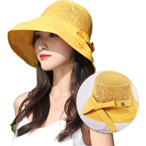 2019 Summer Big Wide Brim Bow Sun Hat for Women Mesh UV Protection Beach Hat Female Net Foldable Sun Hats Ladys Bucket Hat