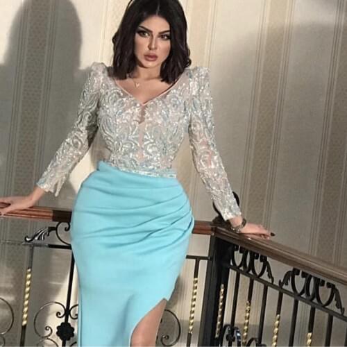Blue prom dresses 2020 v neck long sleeve beading sequins crystal pleats side slit blue satin evening dresses