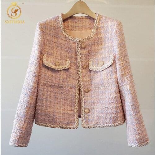 SMTHMA High Quality New Fashion Pink Plaid Tweed Woolen Jacket Coat Women Autumn And Winter Temperament Outerwear