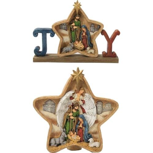 Nativity Scene Statue Baby Jesus Christmas Crib Figurine Five-pointed Star Resin Manger Ornament For Home Desktop Decoration