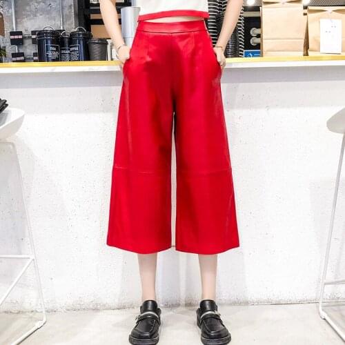 Spring Womens Genuine leather Wide-leg pants Hot fashion sheepskin leather cropped pants C556