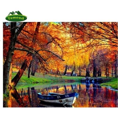 YUMEART Diamond Painting "Autumn Forest Lake and Boat" Embroidery Full Square Diamond Cross Stitch Rhinestone Mosaic ZKll Decor