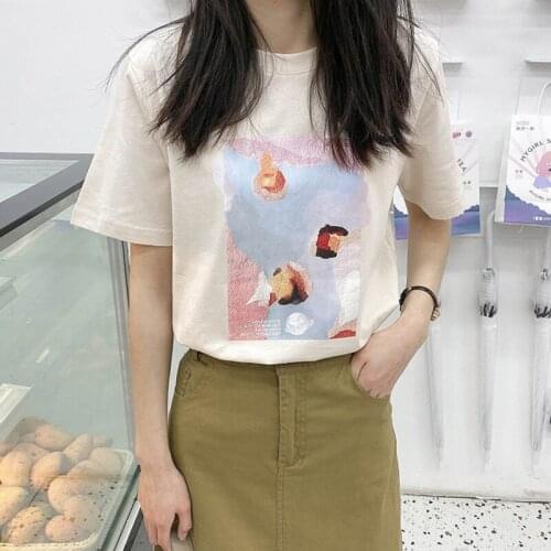 Soft Pure Cotton Print Women T-shirts Round Neck Short Sleeve Summer Creative Print Loose Cotton T-shirts Women Casual Tops