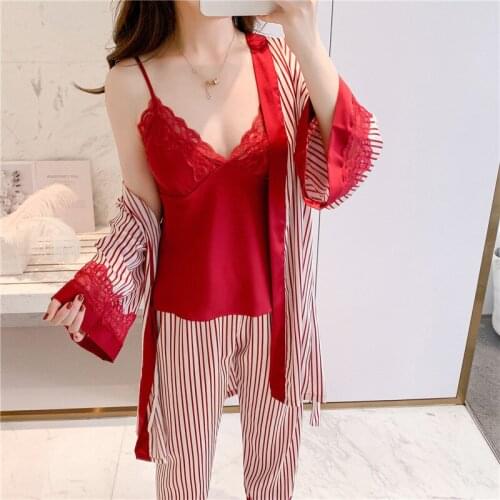 3-Piece womens Pajamas Spring and autumn sexy stripe suspender trousers robe suit sling with chest pad Nightgown home clothes