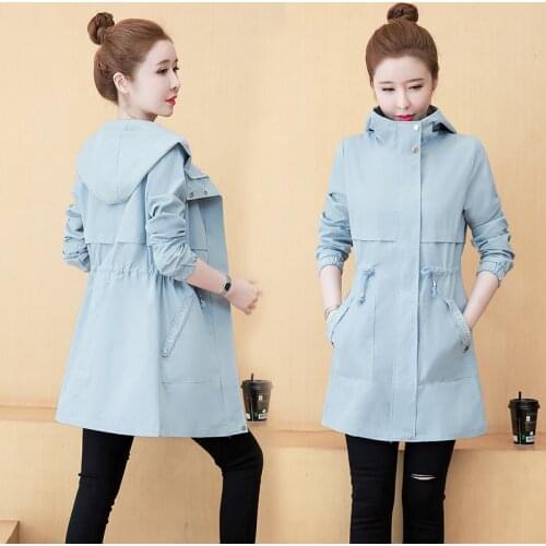 Plus Size M-4XL Black Blue Trench Coat for Women Oversize Windbreaker Hooded Spring Autumn Casual Loose Outerwear Duster Coats