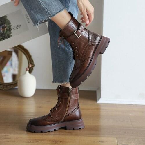 2021 Fall/Winter Women Shoes Split Leather Round Toe Short Boots Women Casual Thick Heel Boots for Women Solid Motorcycle Boots