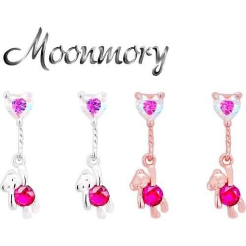 Moonmory 925 Sterling Silver Cute Pink CZ Love Heart Stud Earring For Women Girl Hot Sale Crystal Bear Hanging Earrings Jewelry