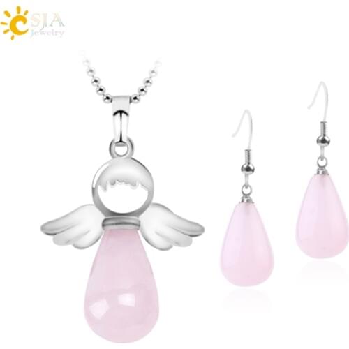 CSJA Guardian Angel Jewelry Set Fashion Women Tear Water Drop Necklace Natural Gems Stone Earrings Rose Quartzs Jewellery F645