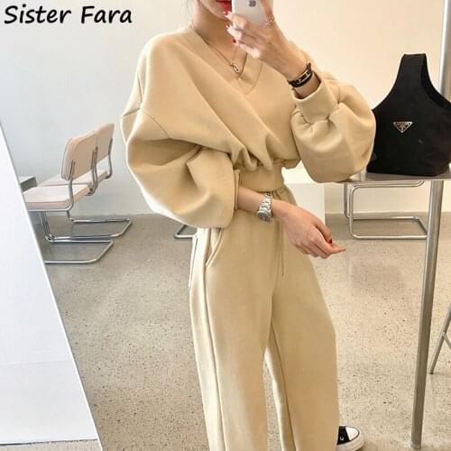 Sister Fara Autumn Winter Two Piece Suit Women Long Sleeve V-Neck Pullover Tops+Drawstring High Waist Casual Pants Womens Suit