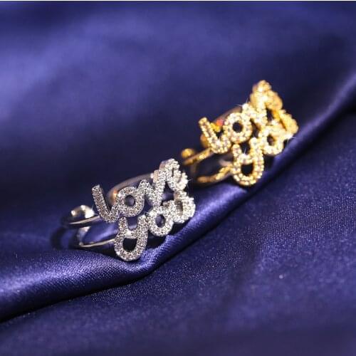 Love You Letter Silver Color Gold Adjustable Rings for Women with Bling Zircon Stone Wedding Engagement Fashion Jewelry
