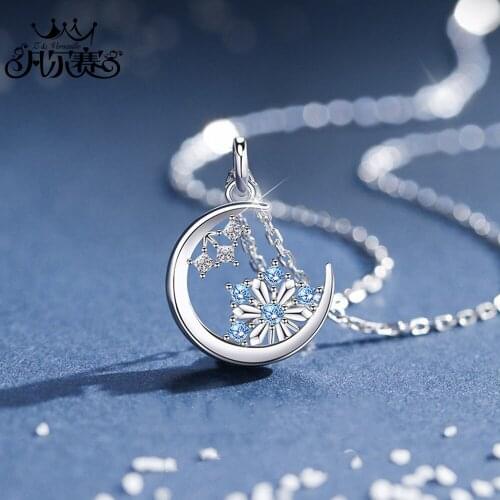 Women Silver Star Pendant Necklace Snowflake Crescent Clavicle Chain Jewelry