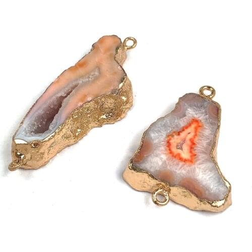 1PC Natural Stone Druzy Agates Charms Pendant Crystal Quartz Double Hole Connector for DIY Necklace Jewelry Making Gift