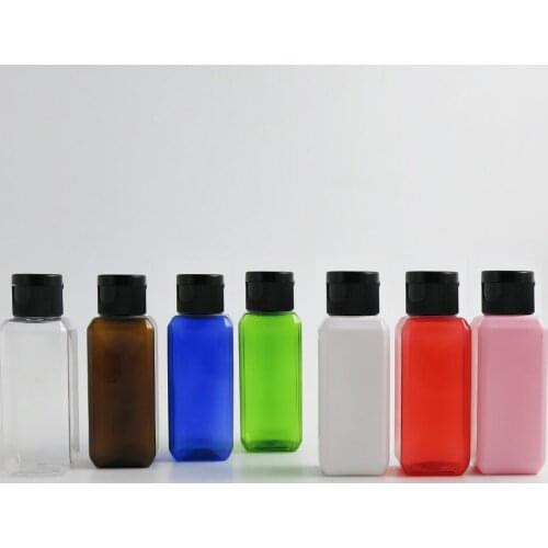 50 x 60ml Portable Plastic Perfume Bottle 60cc Square Shoulder Bottle Black White Clear Flip Top Cap Cute Cosmetic Container
