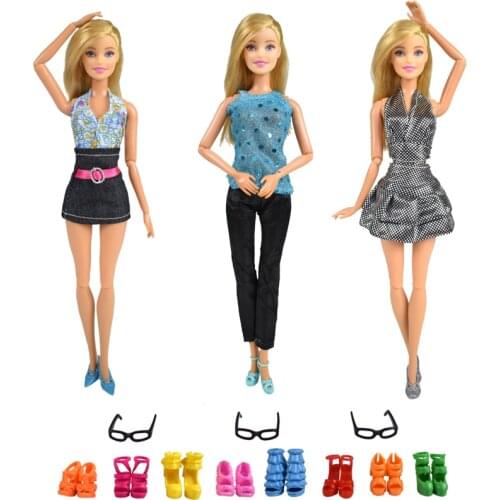 9 Item/set = 3 Pcs Doll Dress Clothes + 3 Pcs Glasses + Random 3 Pairs Shoes for Doll Supplies Accessories Best Kids Toys Gift