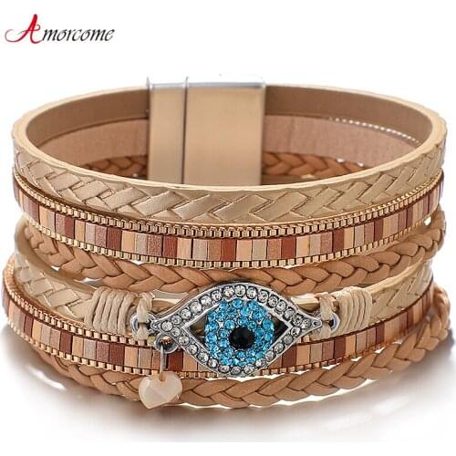 Amorcome Multilayer Leather Bracelet Handmade Blue Crystal Evil Eye Wrap Bangle with Magnetic Clasp Bracelets Boho Jewelry Gift