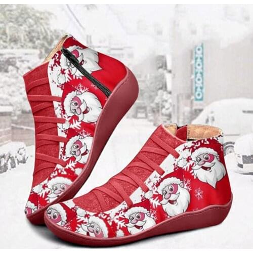 PU Leather Ankle Boots Vintage Lace Up Women Shoes Santa Claus Printing Zipper for Christmas d88