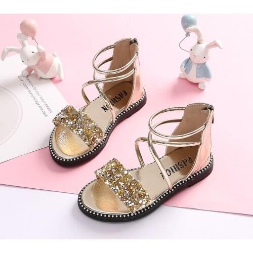 Children Summer Sandals for Girls Sandals Glitter Rhinestone Princess Girls Shoes Kids Party Dance Leather Sandal STQ027