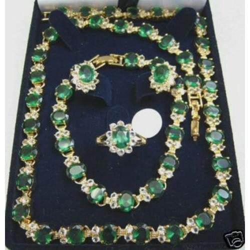 Fine Green Crystal Necklace Bracelet Earring Ring Set