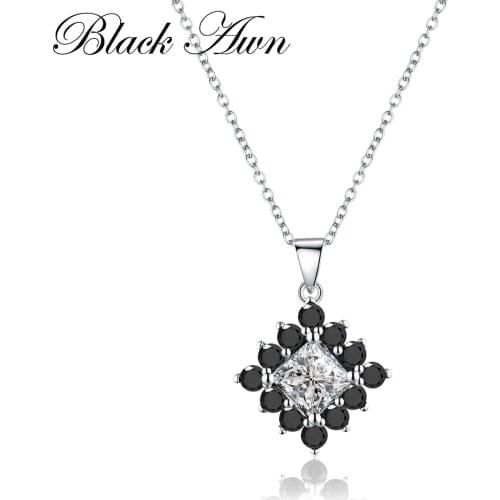 Fine Jewelry Genuine 3.3g 925 Sterling Silver Necklace Women Trendy Square Black&White Stone Necklaces Pendants P004