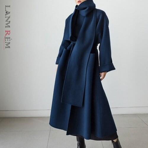 LANMREM 2021 Winter New Bandage Wool Long Coat For Women Korean Style Loose Solid Color Female Fashion Streetwear Coats 2C2421