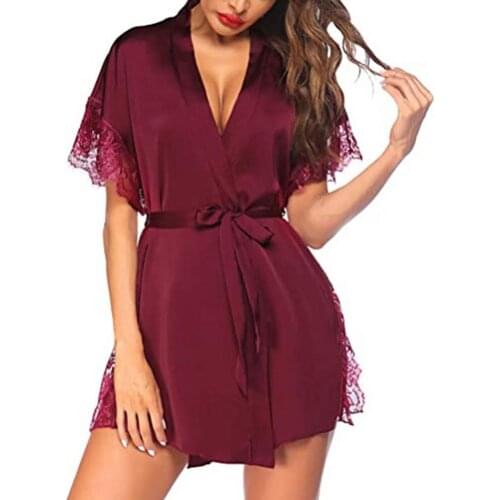 Summer Woman Dress 2021 Women Nightdress Solid Color Lace Patchwork V Neck Above Knee Nightwear Night Dress with Belt for Home
