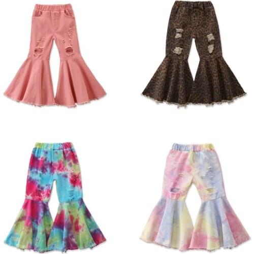 Fashion Kids Baby Girls Flared Pants Tie-Dye Leopard Printed Denim Elastic High Waist Hole Trousers Pants 2-7Y