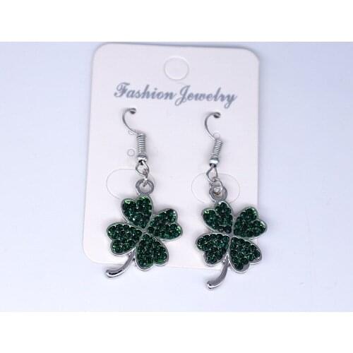 Double Nose Fashion Design Green Crystal and Enamel Lucky Four Leaf Clover Charm Hook Earring For Women Girl