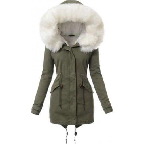Wholesales Ladies Winter Faux Fur Lining Hooded Long Sleeve Thicken Plus Cashmere Overcoat