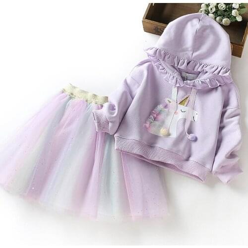 2020 Autumn New Girls Suit Korean Fashion Cartoon Fashion Ruffle Hooded Sweater And Rainbow Gauze Skirt Two-Piece Suit 2-7Y