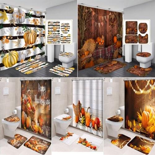 Fall Stripe Pumpkin Bathroom Curtains Set Halloween Shower Curtain Waterproof Autumn Farmhouse Non-Slip Rugs Party Home Decor