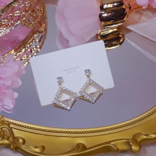 Gold Plated Exquisite Shining Micro Inlaid Square Drop Earrings Women Zirconia Pearl Earring Korean Fashion Party Jewelry