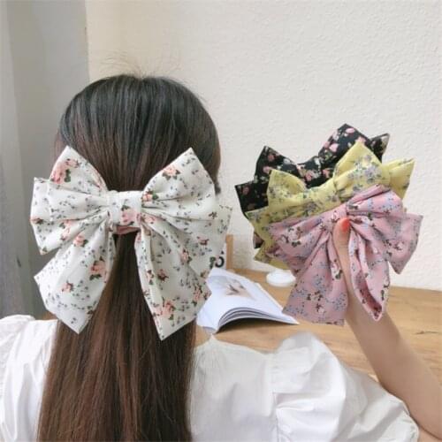 The new three-layer floral big bow hairpin fabric chiffon temperament back head spring clip hairpin girl hair accessories