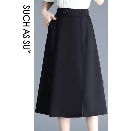 SUCH AS SU 2021 Women Black Elastic High Waist Pockets Skirts Spring Summer S-3XL Size Female Mid-Long Knitted Pleated Skirt